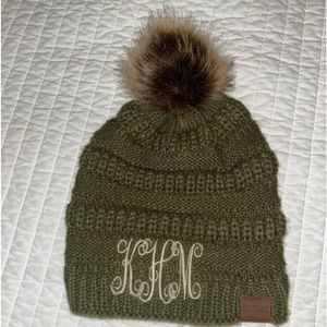 Olive green beanie KHM embroidery initials